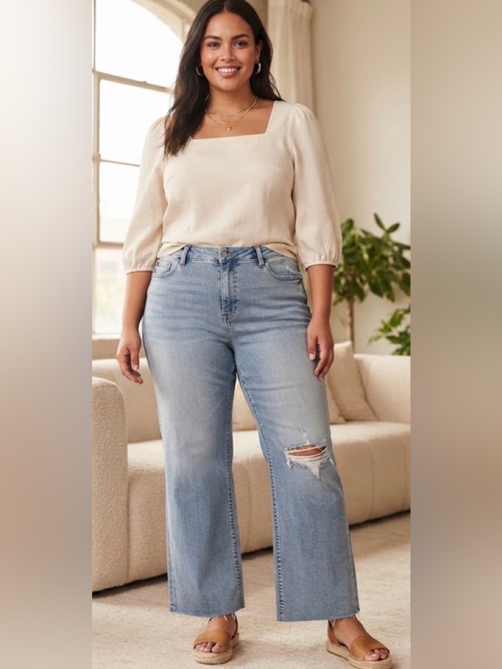KUT from the Kloth High Rise Raw Hem Wide Leg Jeans Size 16 Light Wash Plus Size